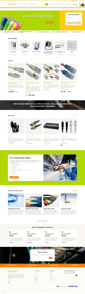 Shopify storefront for a UK network cable supplier — a spec-driven catalog (Cat5e/Cat6/Cat6a, fibre, custom cable manufacturing) built around variant/colour selectors, per-metre and cut-to-length product options, and a custom-quote flow for bulk/business orders.